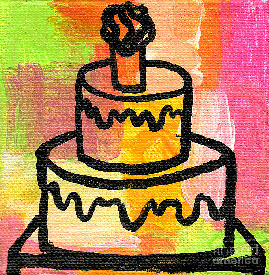 STL250 Birthday Cake Pink and Green Small Abstract Painting by Genevieve Esson