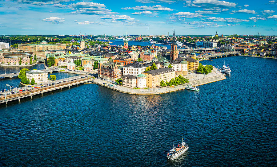 Stockholm aerial panorama over Gamla Stan city waterfront landmarks Sweden Photograph by fotoVoyager