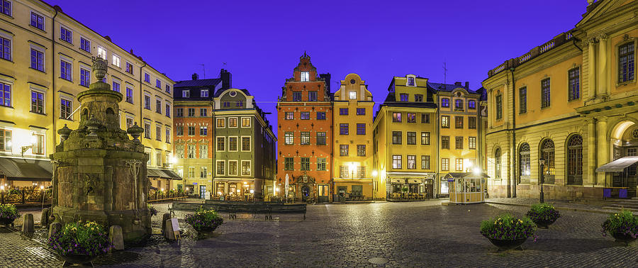 Stockholm iconic medieval square colourful houses Stortorget night panorama Sweden Photograph by fotoVoyager