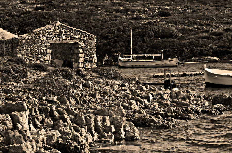 Roman port of Sa Nitja in Minorca - Stone and sea sephia version Photograph by Pedro Cardona Llambias