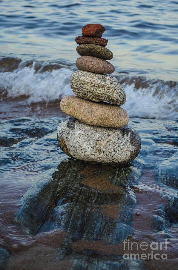 Stone Cairn and Surf on Lake Superior Photograph by Deborah Smolinske