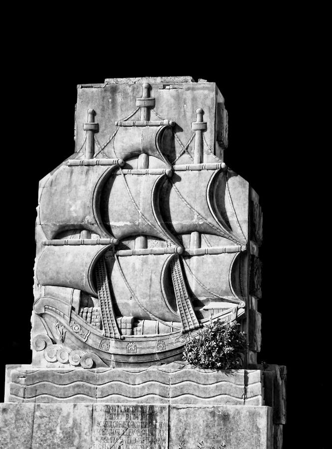 Travel Photograph - Stone Carving Old Sailing Ship by Linda Phelps