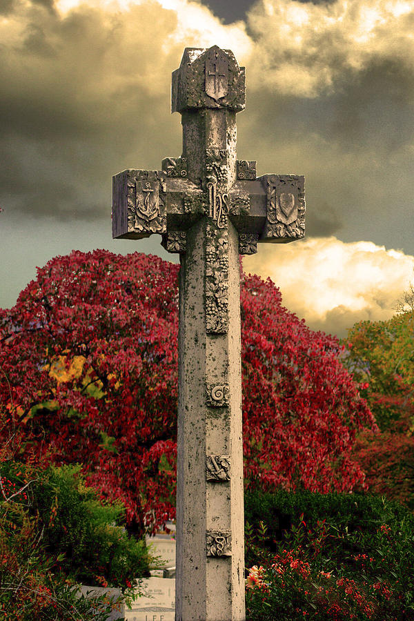 Stone Cross in Fall Garden Photograph by Lesa Fine