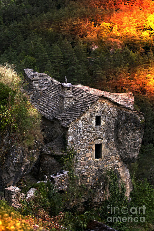 Vintage Photograph - Stone House in the Jonte Canyon - France by Heiko Koehrer-Wagner
