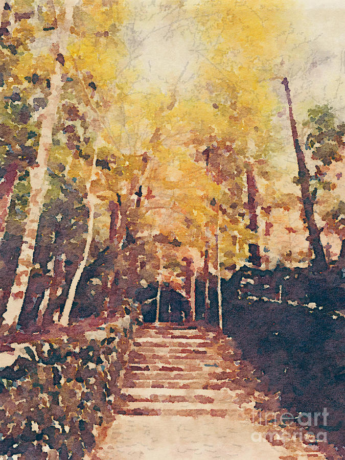 Stone Path Through a Forest in Autumn Painting by Beverly Claire Kaiya