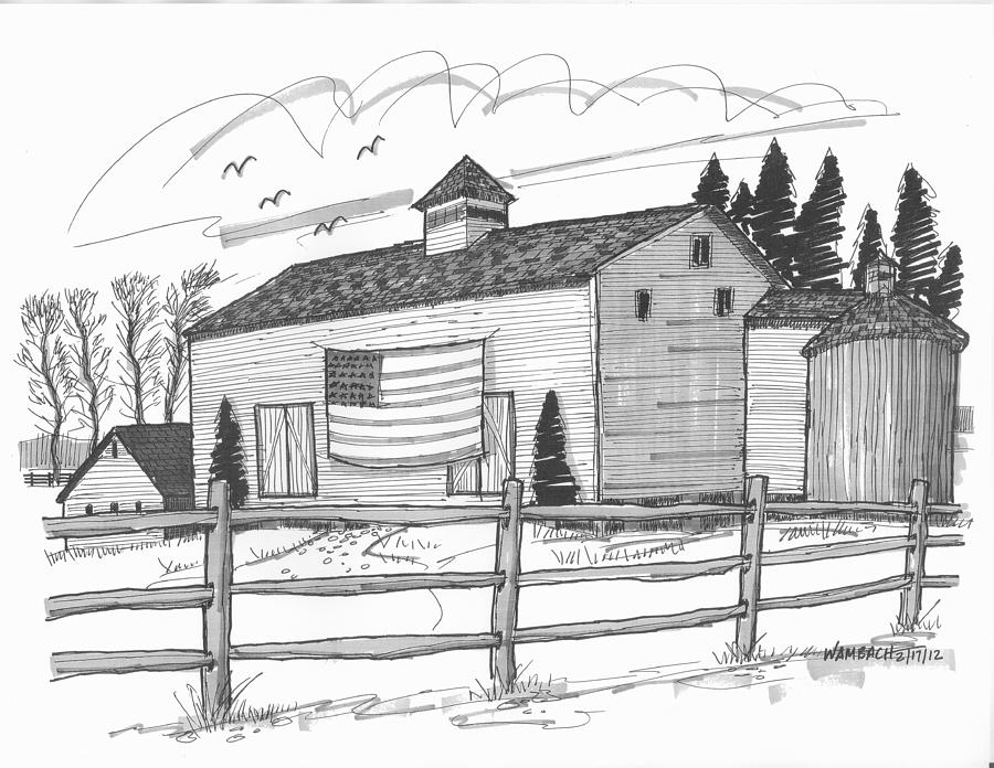 Stone Ridge Barn with Flag Drawing by Richard Wambach