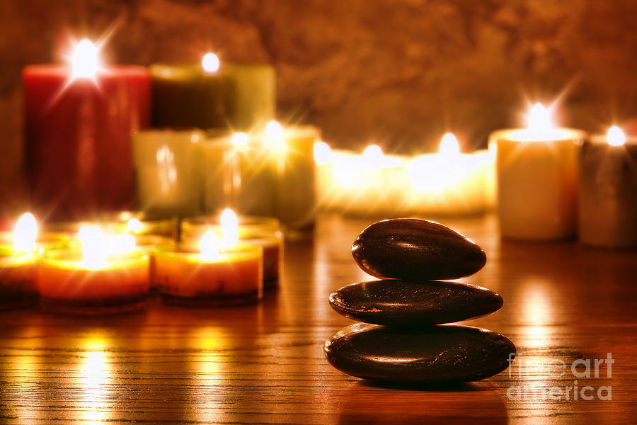 Candle Photograph - Stones Cairn and Candles by Olivier Le Queinec