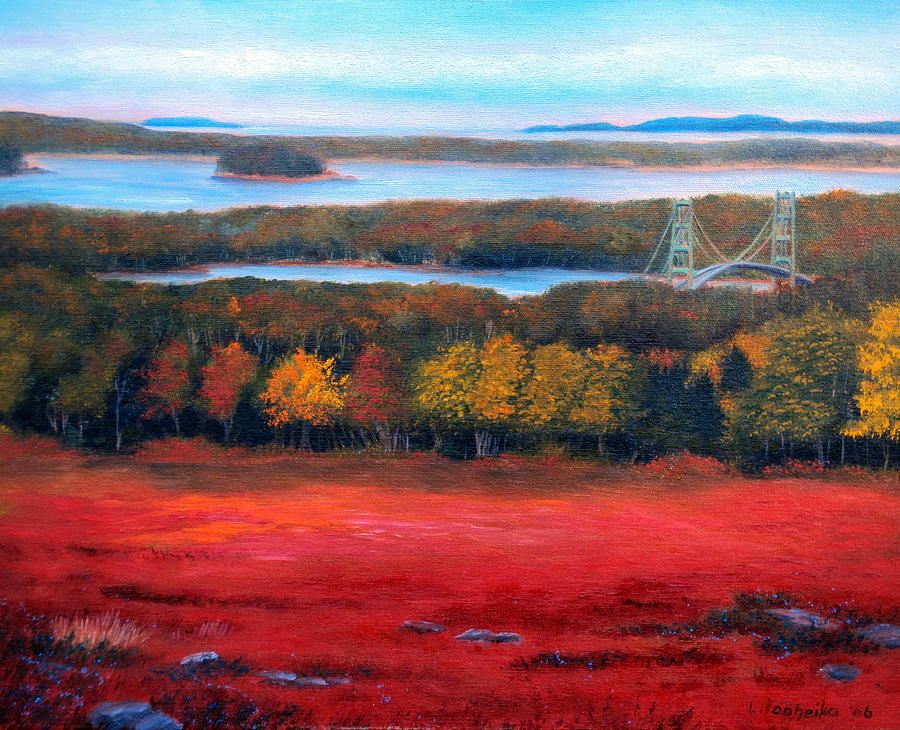 Stonington Bridge in Autumn Painting by Laura Tasheiko