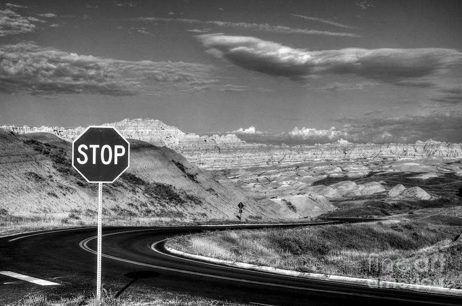 Badlands National Park Photograph - Stop At The Badlands BW by Mel Steinhauer