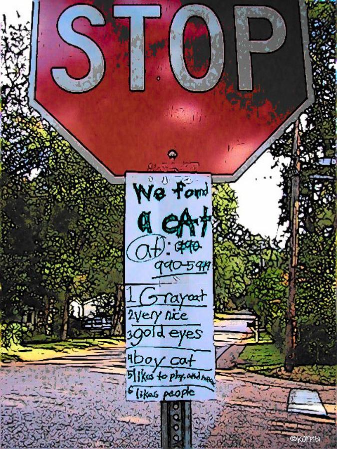 Funny Cat Photograph - Stop Found Cat - Lost Sign by Rebecca Korpita
