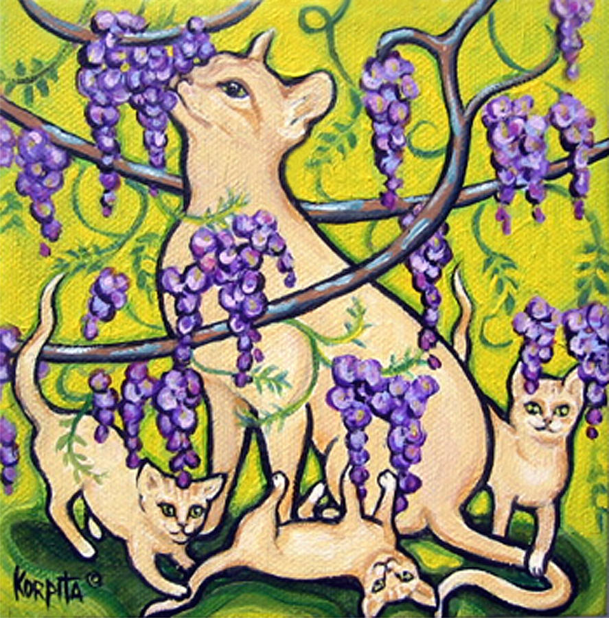 Stopping to Smell the Wisteria - Cat and Kittens Painting by Rebecca Korpita