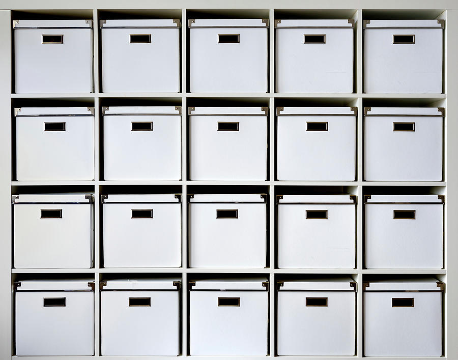 Storage Boxes On Shelves Photograph by Wladimir Bulgar - Fine Art