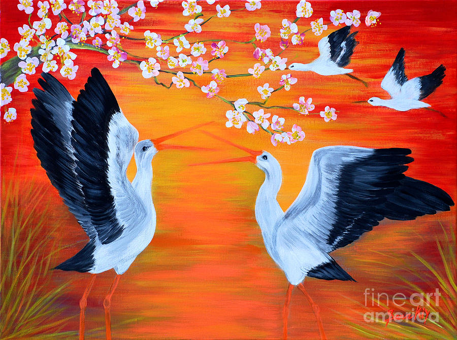 Spring Painting - Storks and Cherry Blossom by Oksana Semenchenko