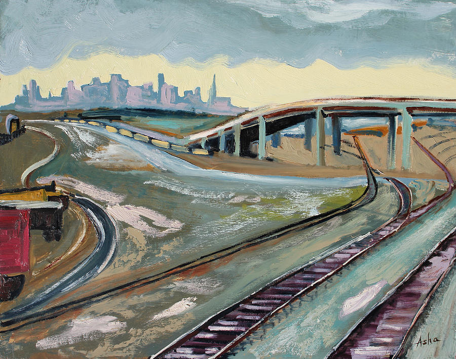 San Francisco Skyline Painting - Stormy Train Tracks and San Francisco  by Asha Carolyn Young