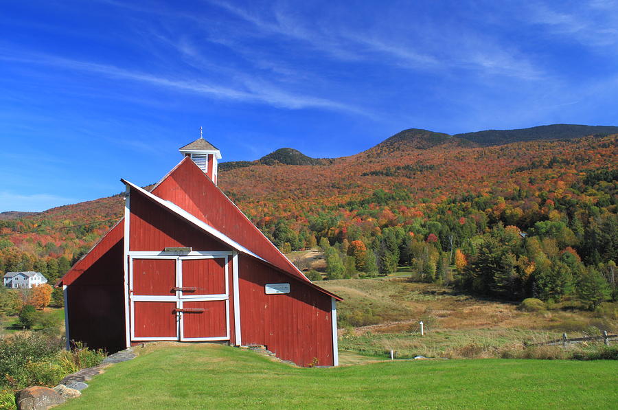 Stowe Vermont Barn and Pinnacle Fall Foliage Photograph by John Burk