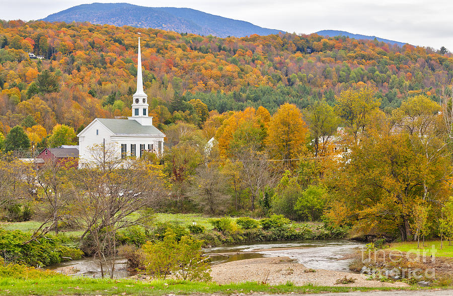 Stowe Vermont community church and Little River Photograph by Ken Brown