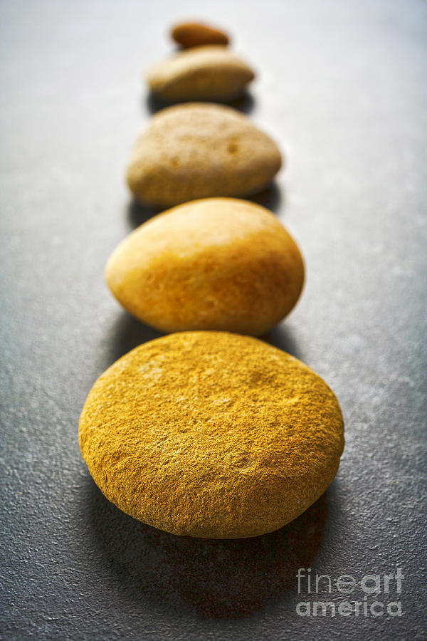 Stone Photograph - Straight Line of Brown Pebbles on Dark Background by Colin and Linda McKie