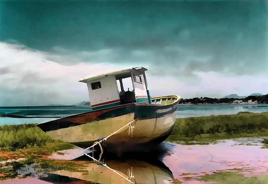 Stranded Boat On Shore As Storm Gathers Painting By Elaine Plesser 