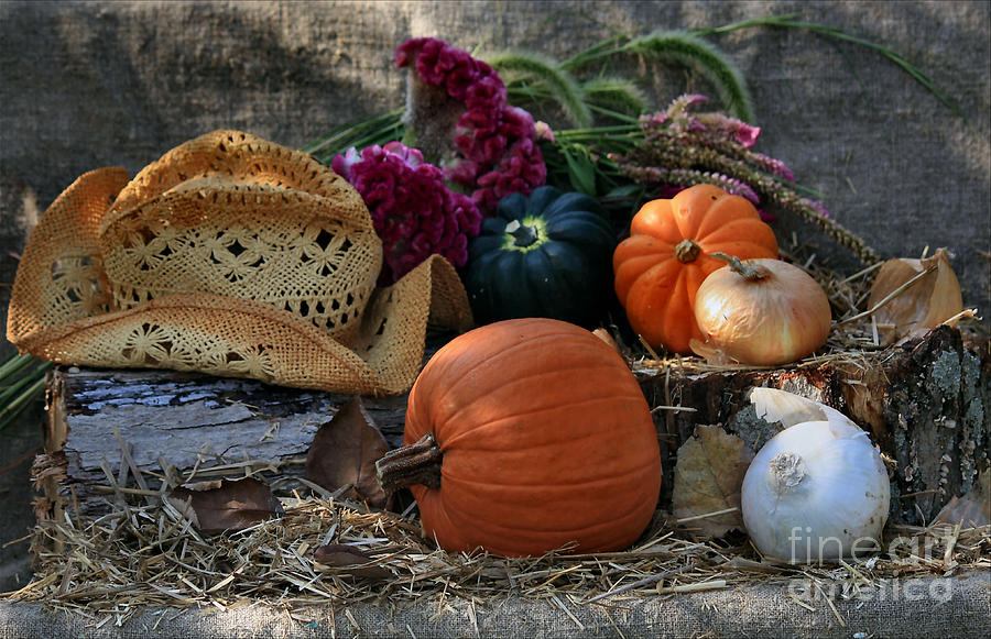 Vegetable Photograph - Straw hat and fall vegetables by Luv Photography
