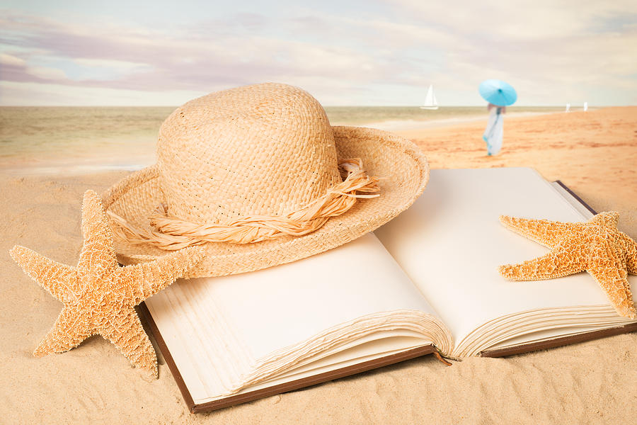Summer Photograph - Straw Hat On Beach With Book by Amanda Elwell