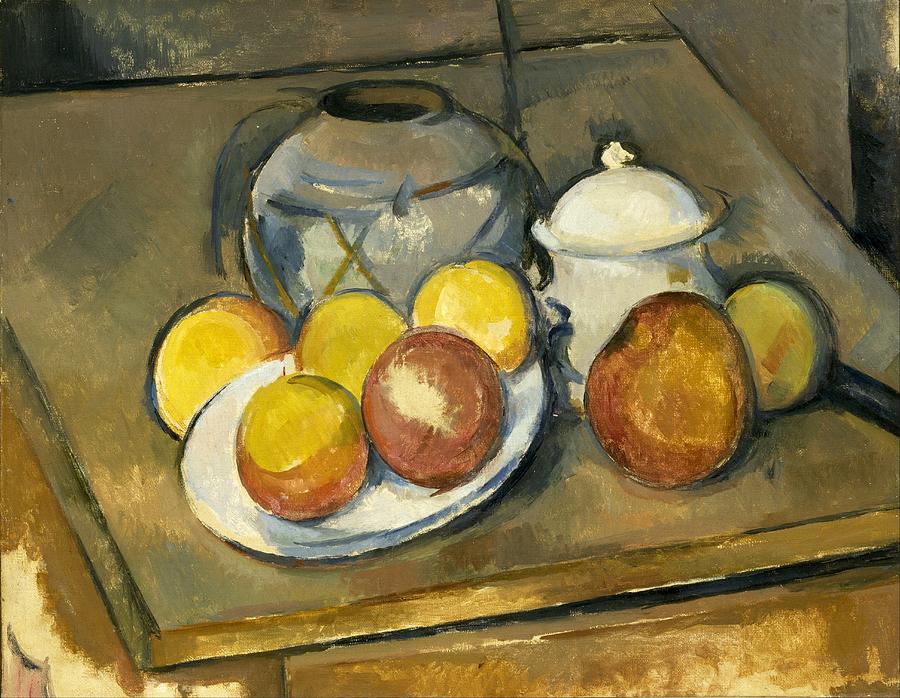 Impressionism Painting - Straw-Trimmed Vase Sugar Bowl and Apples by Paul Cezanne