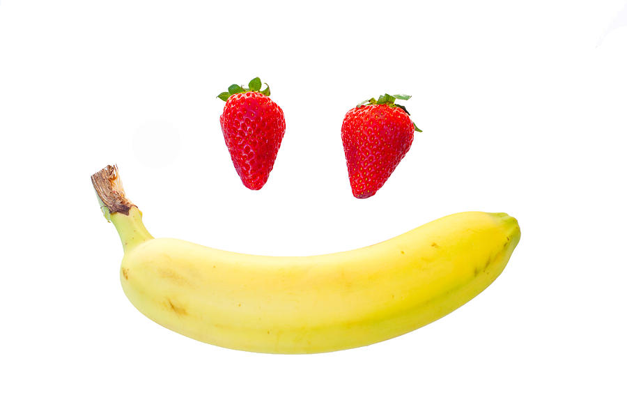 Banana Photograph - Strawberries And A Banana Making A Smiling Face by Fizzy Image
