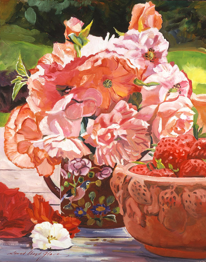 Strawberries And Flowers Painting by David Lloyd Glover