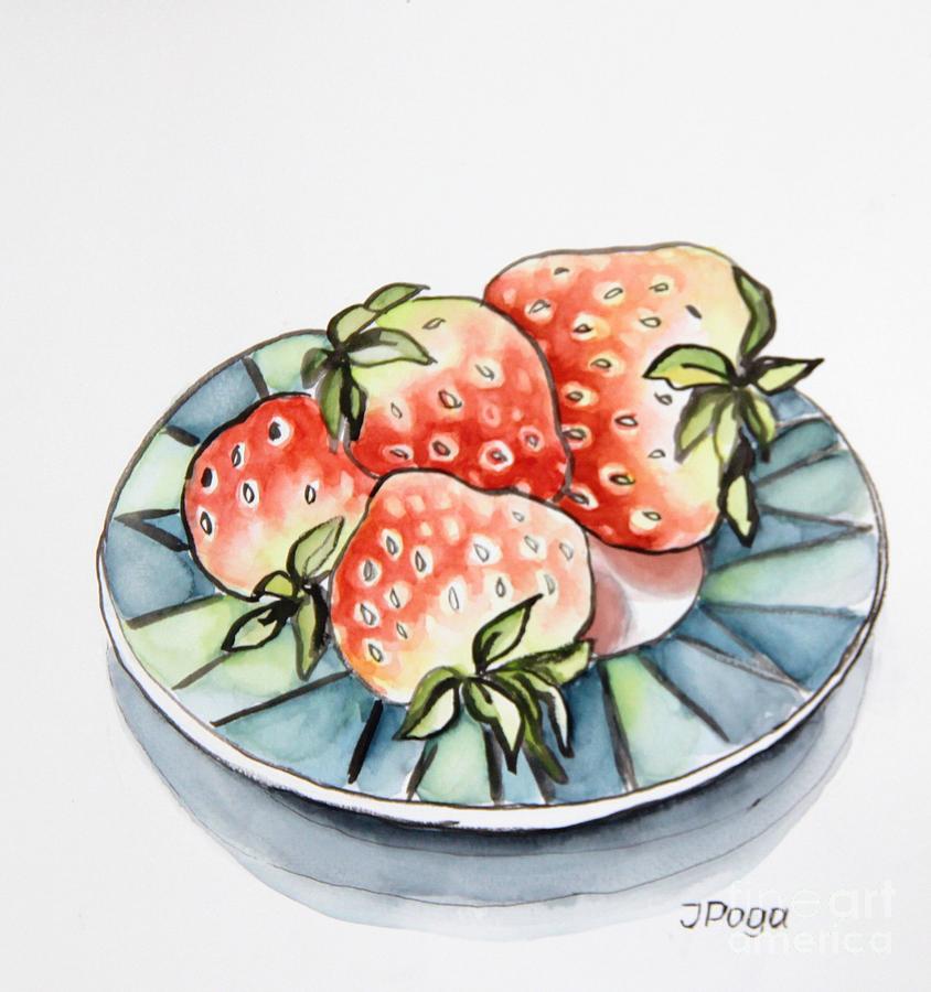 Strawberries on Plate Painting by Inese Poga
