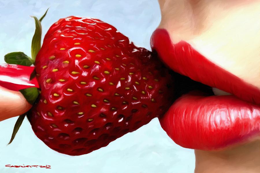 Lips Digital Art - Strawberry and Lips by Gabriel T Toro
