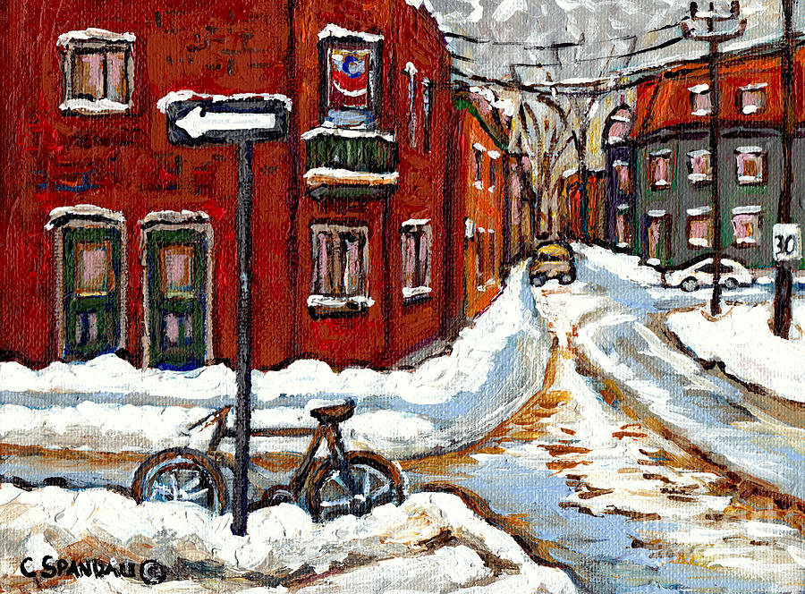 Canadian Art Winter Bicycle In February Snowy Day In The Pointe Montreal Painting City Scene Painting by Carole Spandau