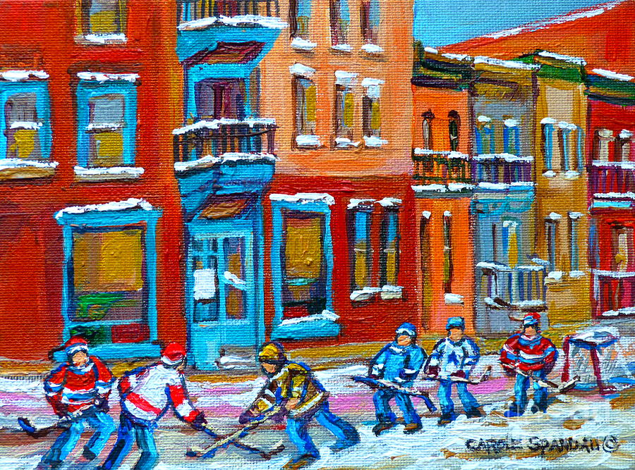 Street Hockey Game At Wilenskys Montreal Winter Street Scene Paintings Carole Spandau Painting by Carole Spandau