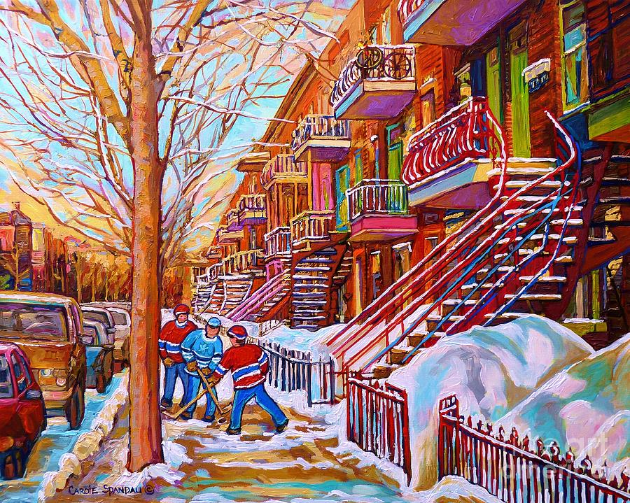 Street Hockey Game In Montreal Winter Scene With Winding Staircases Painting By Carole Spandau Painting by Carole Spandau