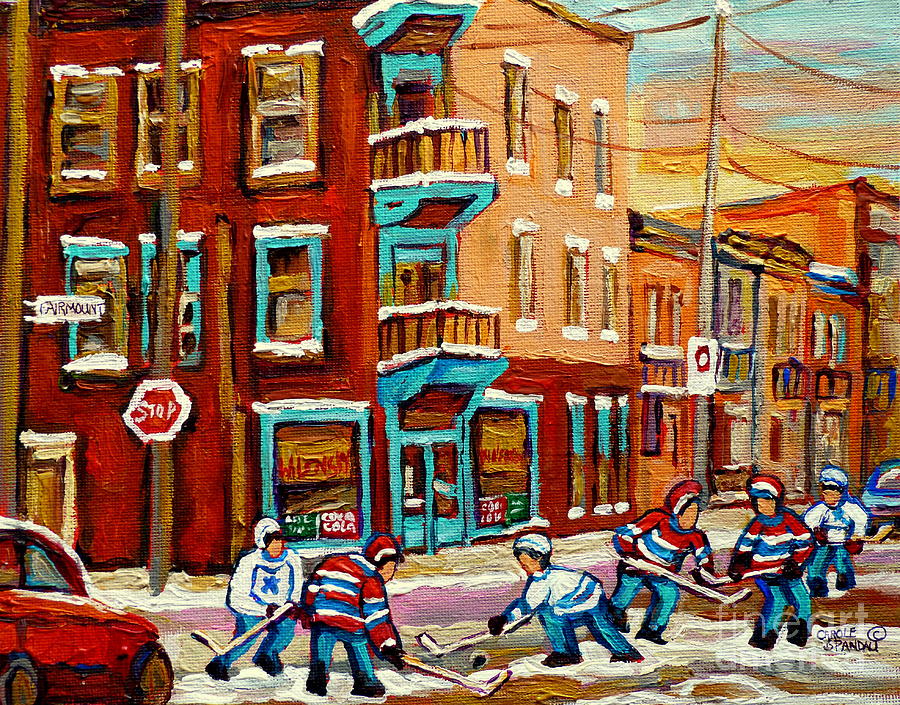 Street Hockey Practice Wilenskys Diner Montreal Winter Street Scenes Paintings Carole Spandau Painting by Carole Spandau