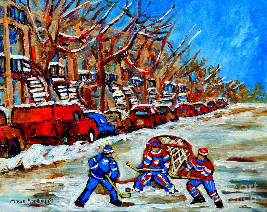 Street Hockey Row Houses Goalie Makes The Save Verdun Montreal Hockey Art Carole Spandau Painting by Carole Spandau