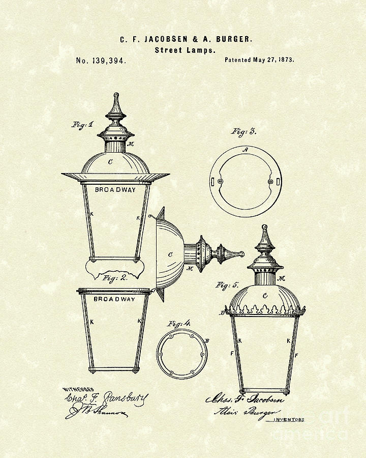 Street Lamp 1873 Patent Art Drawing by Prior Art Design