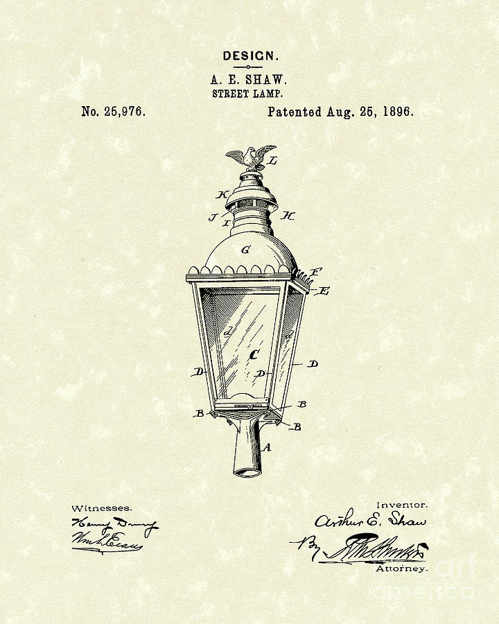 Street Lamp 1896 Patent Art Drawing by Prior Art Design