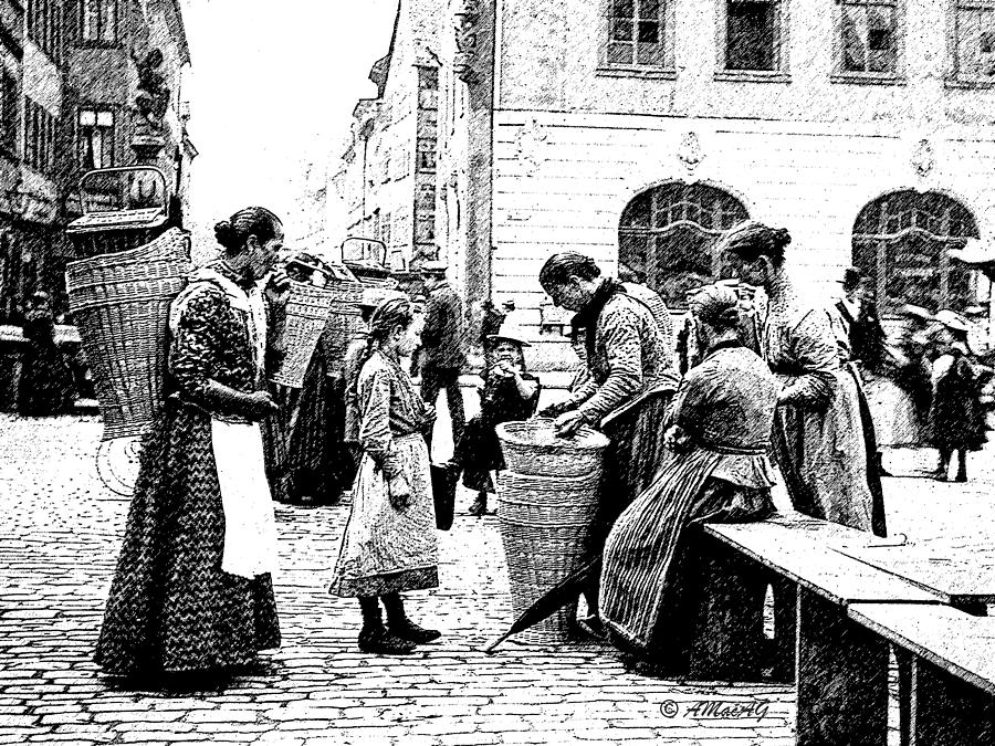 Street Market Coburg Germany 1903 Digital Etching Digital Art by A Macarthur Gurmankin
