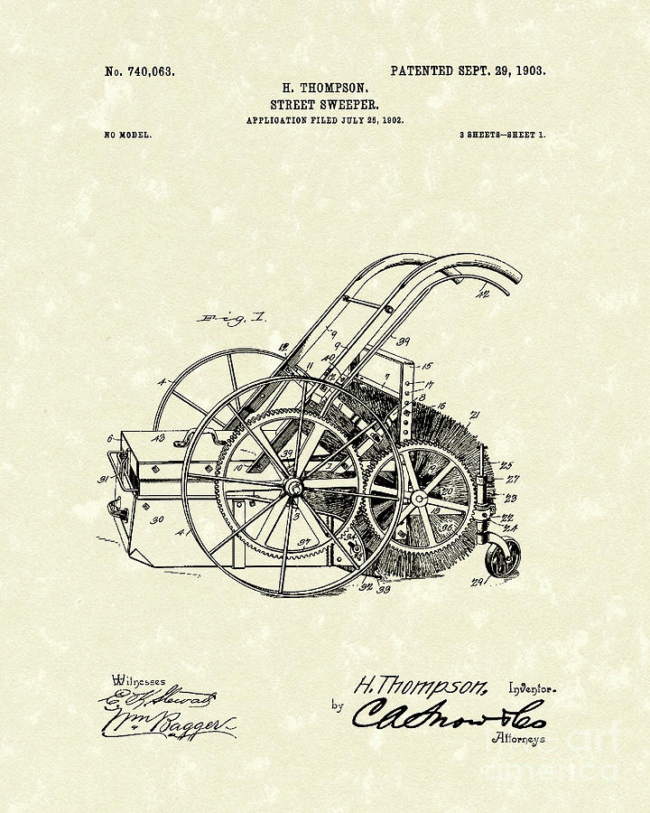 Street Sweeper 1903 Patent Art Drawing by Prior Art Design