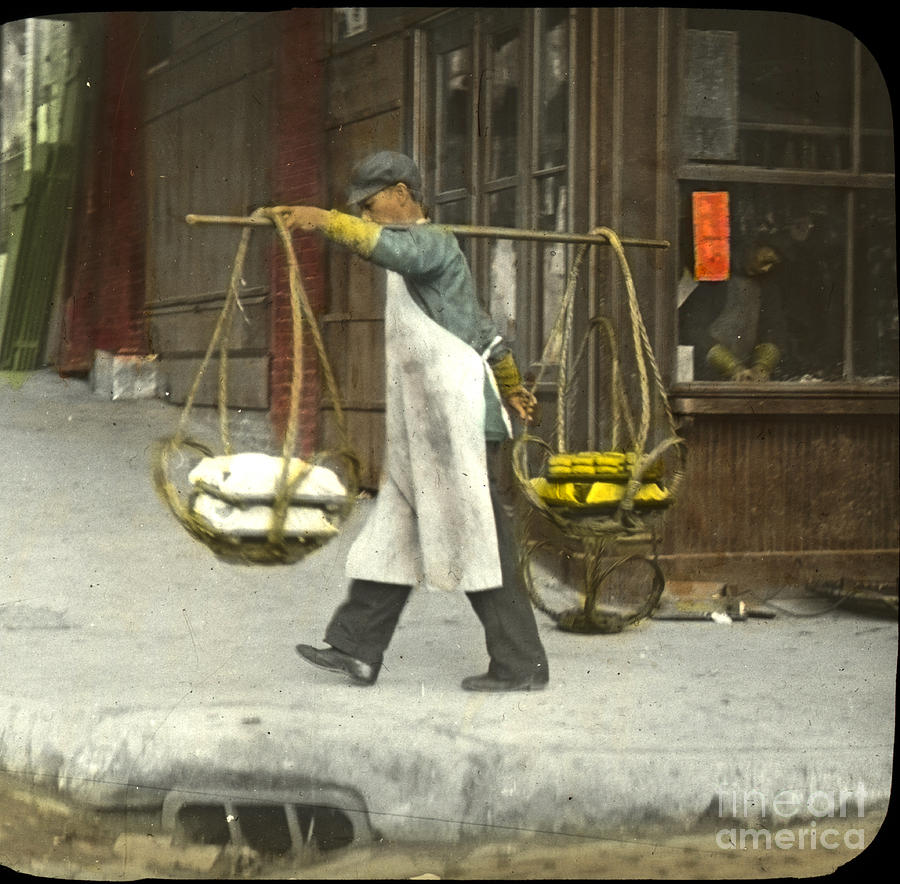 Basket Photograph - street vendors carrying twin baskets suspended from shoulder San Francisco Chinatown circa 1900 by Monterey County Historical Society