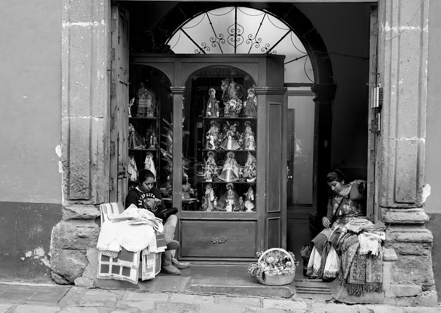 Street Vendors San Miguel de Allende Mexico BW Photograph by Cathy Anderson