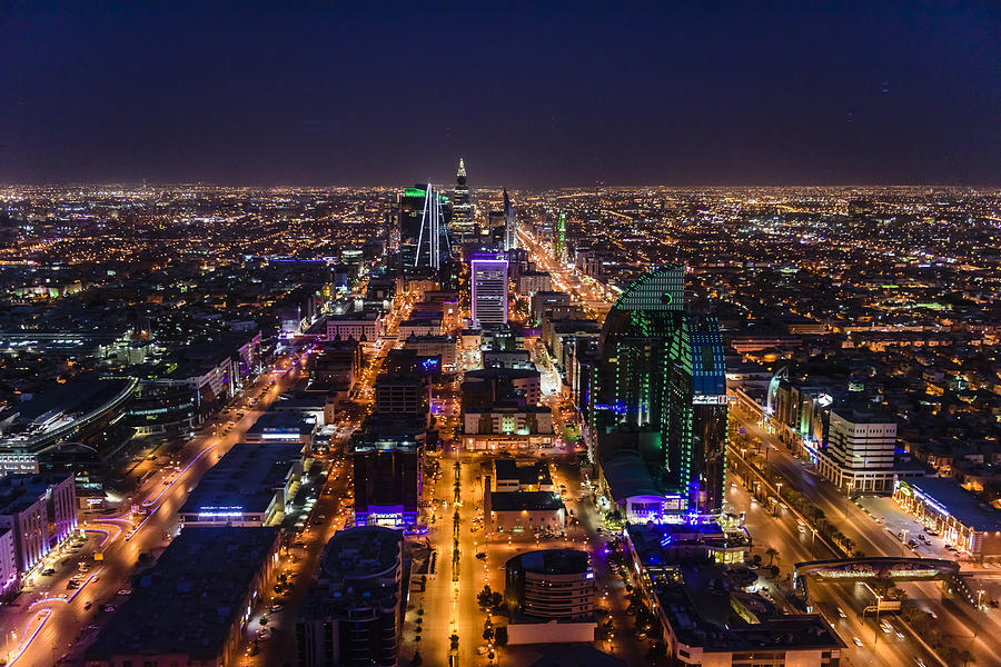 Streets in illuminated cityscape, Riyadh, Saudi Arabia Photograph by Mint Images