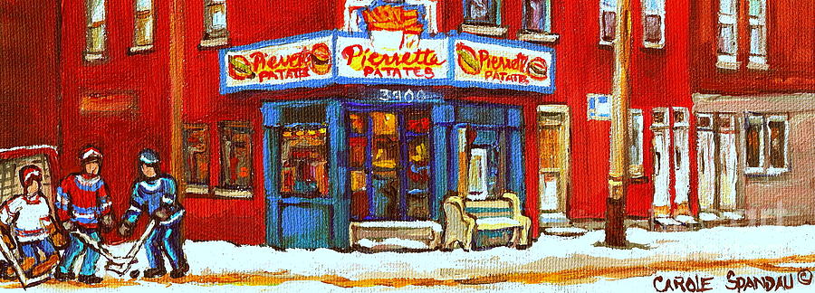 Streets Of Verdun Hockey Game At Famous Verdun Restaurant Pierrette Patates Montreal Hockey Art  Painting by Carole Spandau