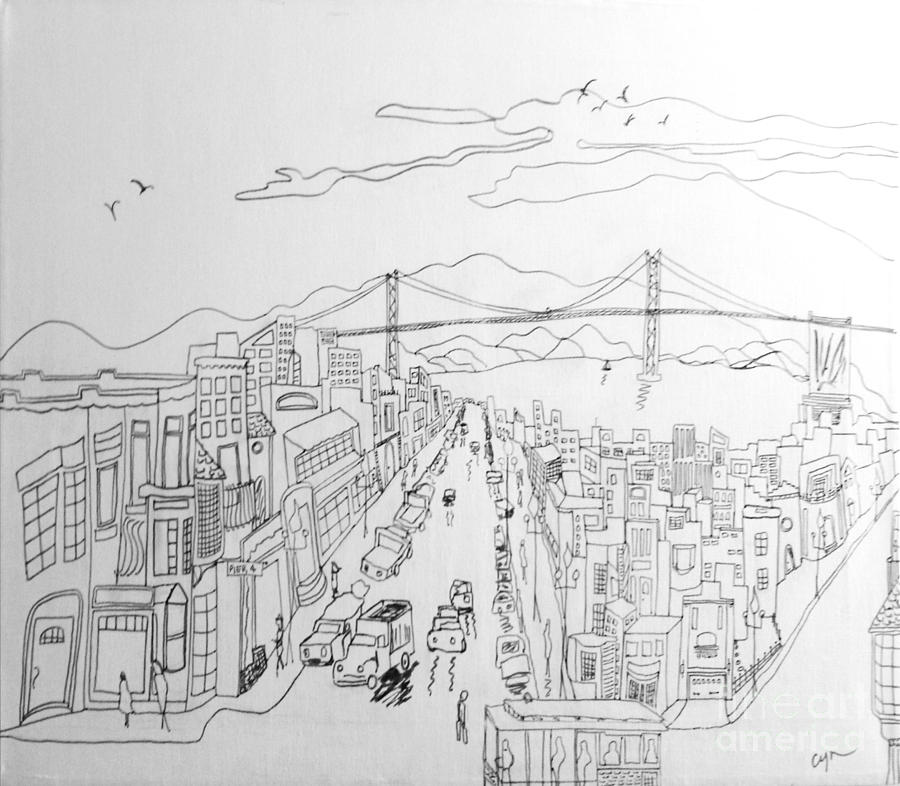 City Drawing - Streetscape by Cyn Rene Whitfield