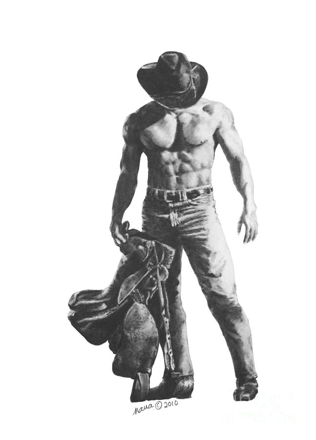 Black And White Drawing - Strength of a Cowboy by Marianne NANA Betts