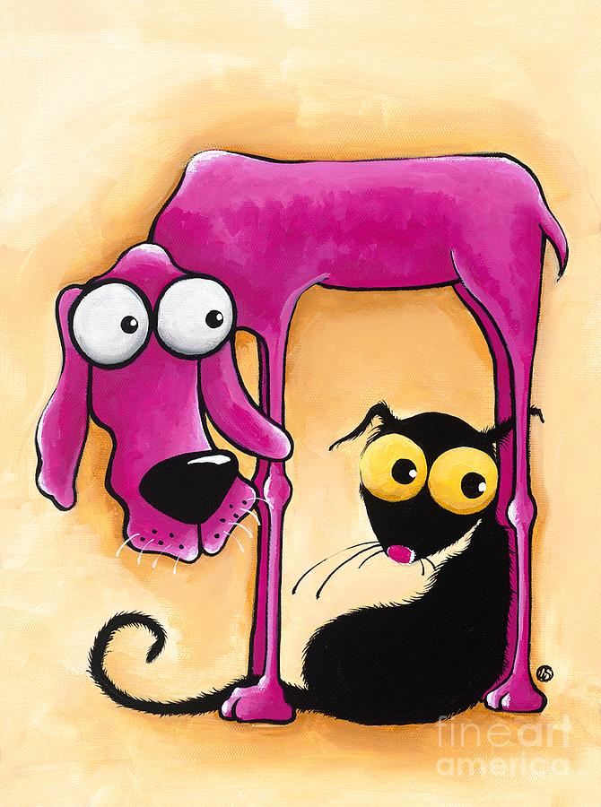 Stressie Cat and the pink dog Painting by Lucia Stewart