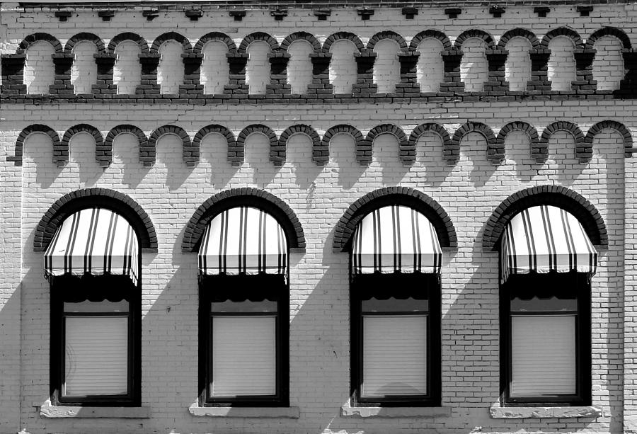 Striped Awnings 2 Black and White Photograph by Mary Bedy