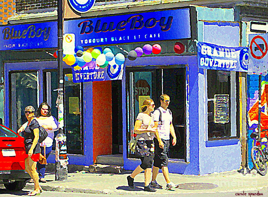 Strolling By The Blue Boy Frozen Yogurt Glacee Cafe Plateau Mont Royal City Scene Carole Spandau   Painting by Carole Spandau
