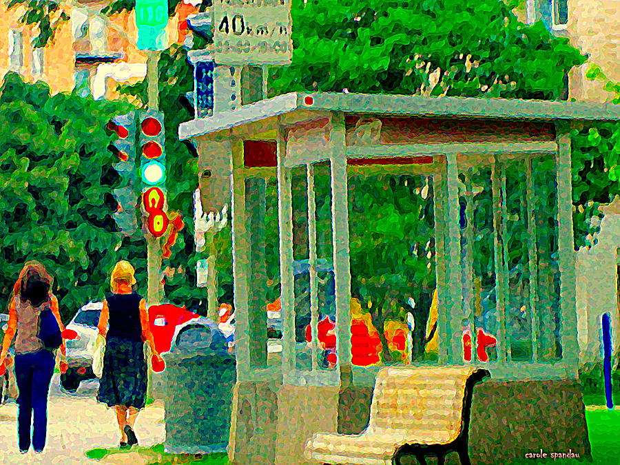 City Scene Painting - Strolling By The Empty Bus Shelter Tree Lined Streets Of Montreal Heatwave City Scene Carole Spandau by Carole Spandau