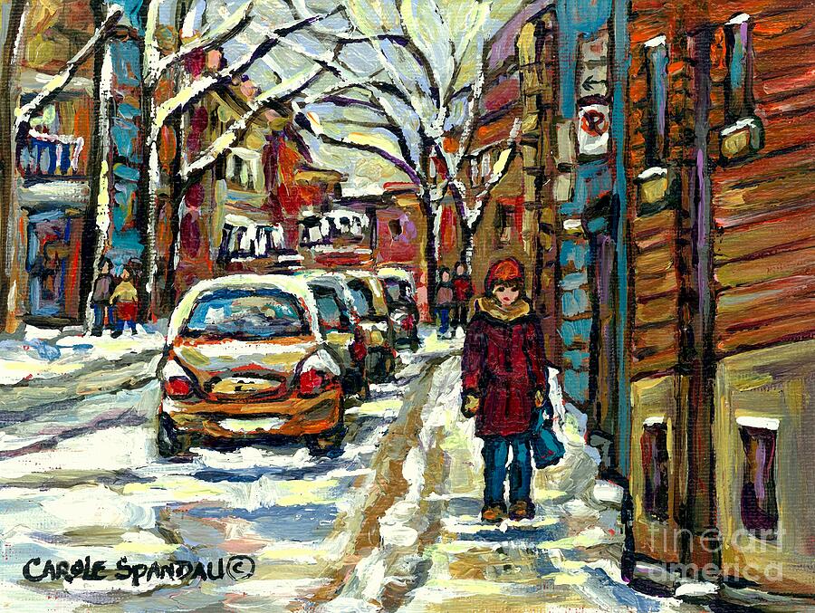 Winter Painting - Strolling Down Verdun Avenues Canadian Urban Winter Landscape Paintings Best Montreal City Scene Art by Carole Spandau