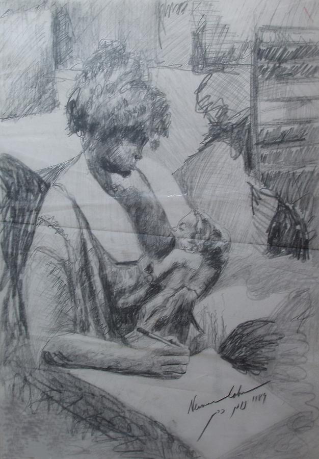 Impressionism Drawing - Student and Mother by Esther Newman-Cohen